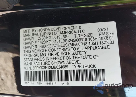 2021 Honda Ridgeline Awd Sport из США, поврежденный, VIN 5FPYK3F12MB024085